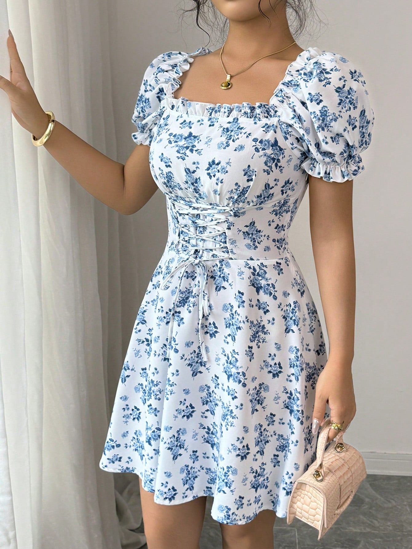 Rafferiza Women's Ditsy Floral Square Collar Puff Sleeve Waist Drawstring Ruffle Hem Midi Dress