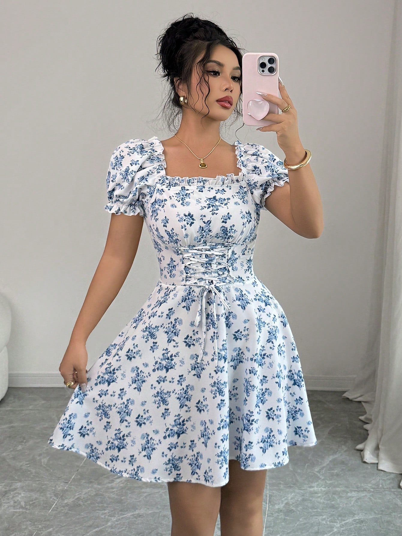 Rafferiza Women's Ditsy Floral Square Collar Puff Sleeve Waist Drawstring Ruffle Hem Midi Dress