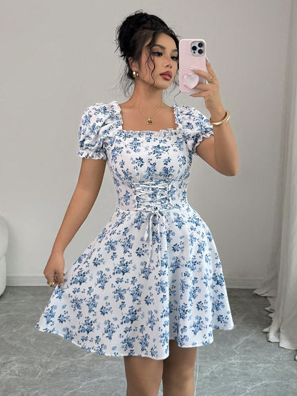 Rafferiza Women's Ditsy Floral Square Collar Puff Sleeve Waist Drawstring Ruffle Hem Midi Dress