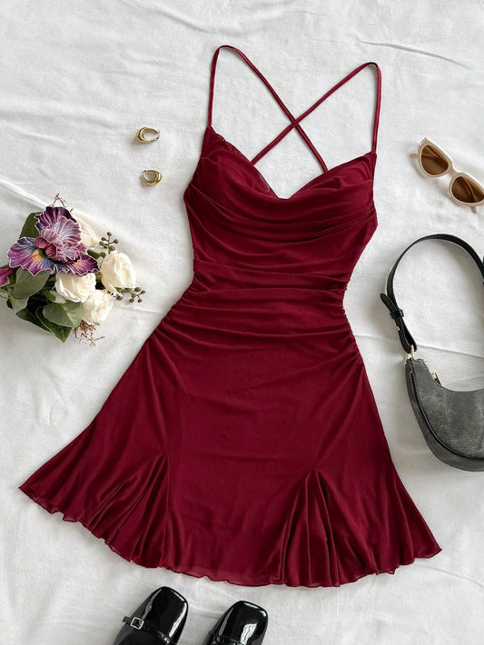 Strap Mini Dress, Draped Neck, Backless