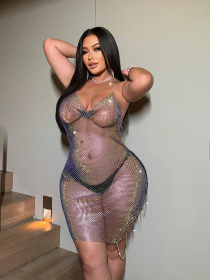 NOW Sexy Party Rhinestone Decor Fishnet Chain Draped Neck Sleeveless Maxi Dress