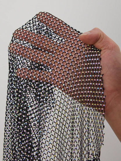 NOW Sexy Party Rhinestone Decor Fishnet Chain Draped Neck Sleeveless Maxi Dress