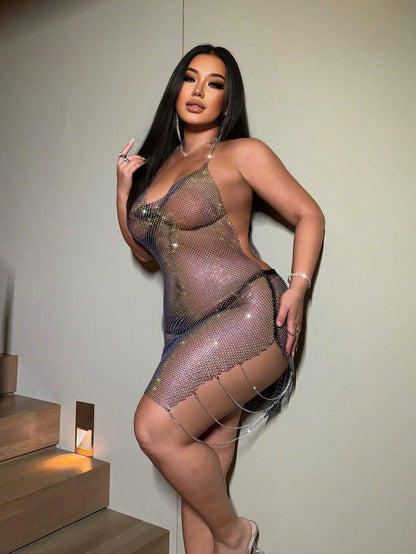 NOW Sexy Party Rhinestone Decor Fishnet Chain Draped Neck Sleeveless Maxi Dress