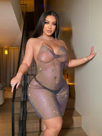 NOW Sexy Party Rhinestone Decor Fishnet Chain Draped Neck Sleeveless Maxi Dress