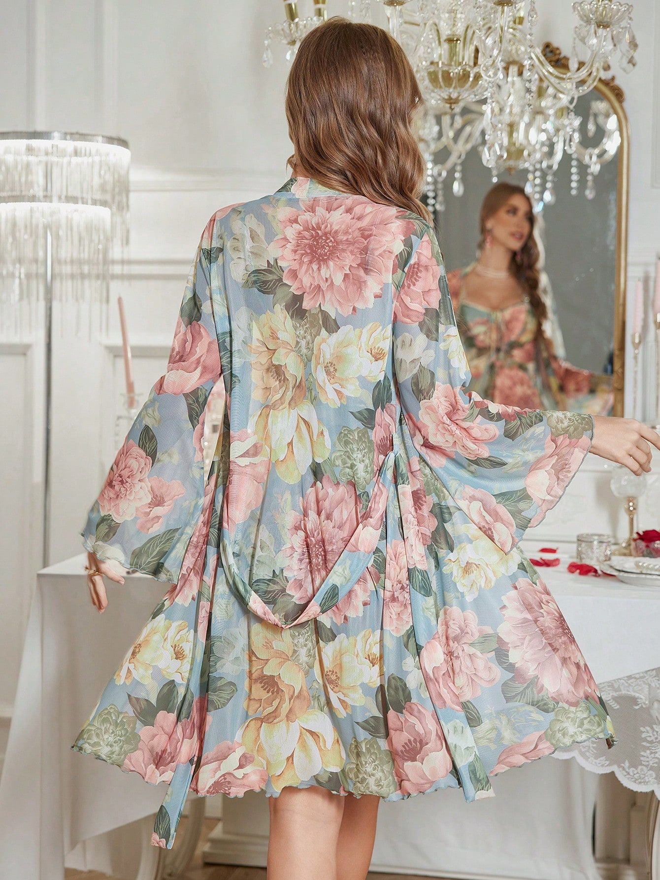 Floral Print Lace Hem Cami Chemise & Robe Set