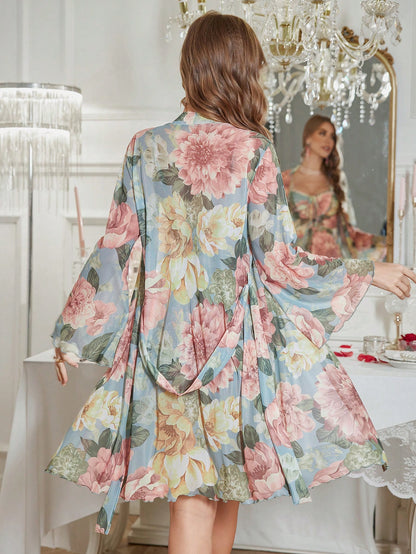 Floral Print Lace Hem Cami Chemise & Robe Set