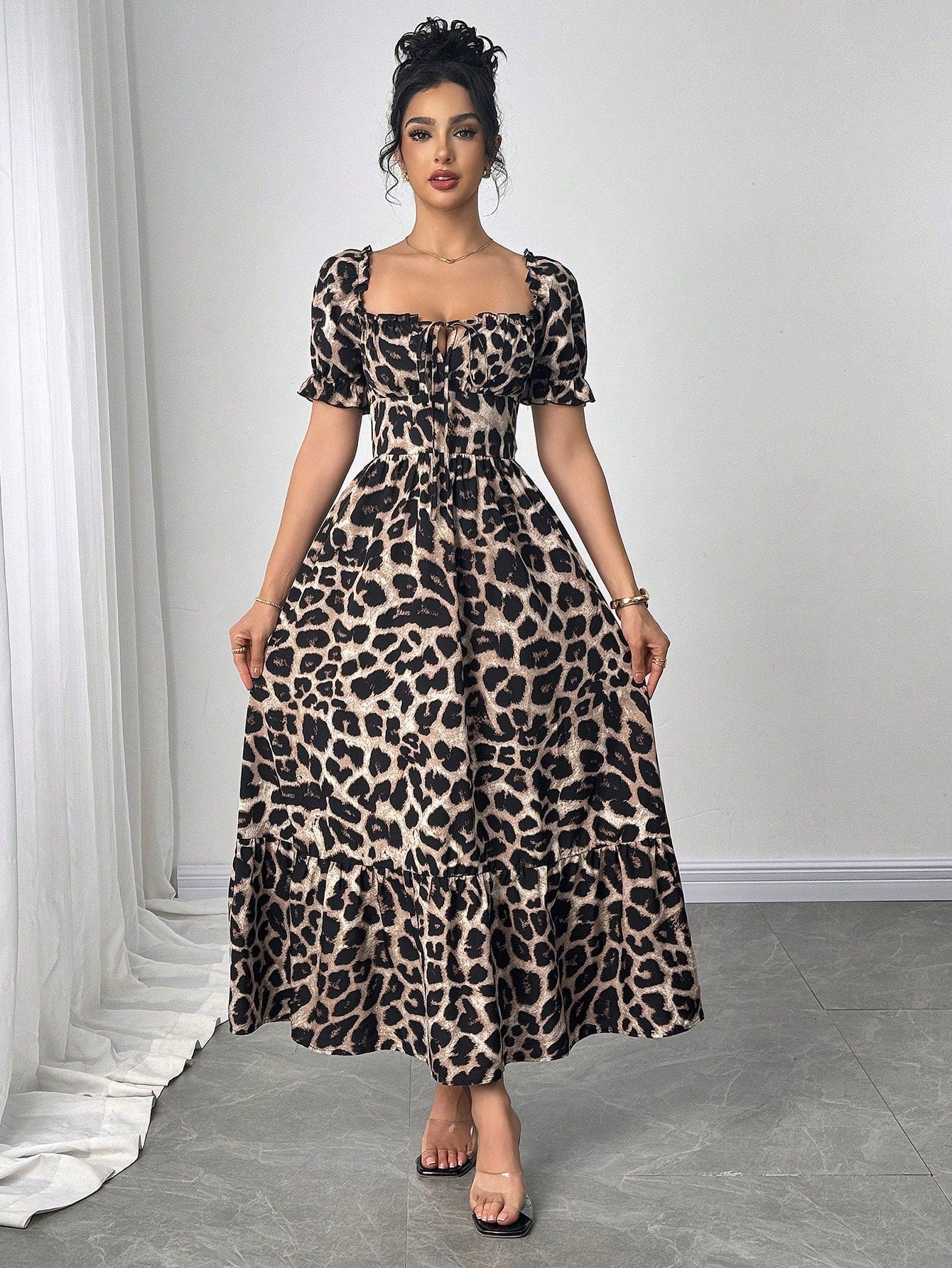 Breezaya Women's Square Neck Bowknot Leopard Print Cross Back Lace-Up Long Dress