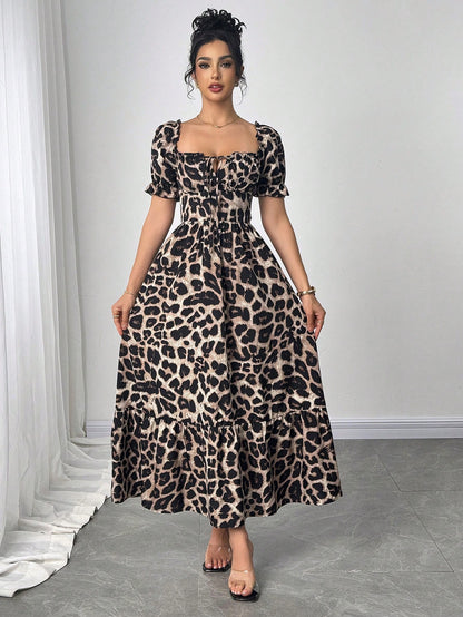 Breezaya Women's Square Neck Bowknot Leopard Print Cross Back Lace-Up Long Dress