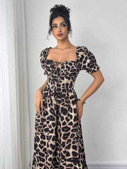 Breezaya Women's Square Neck Bowknot Leopard Print Cross Back Lace-Up Long Dress