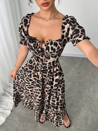 Breezaya Women's Square Neck Bowknot Leopard Print Cross Back Lace-Up Long Dress