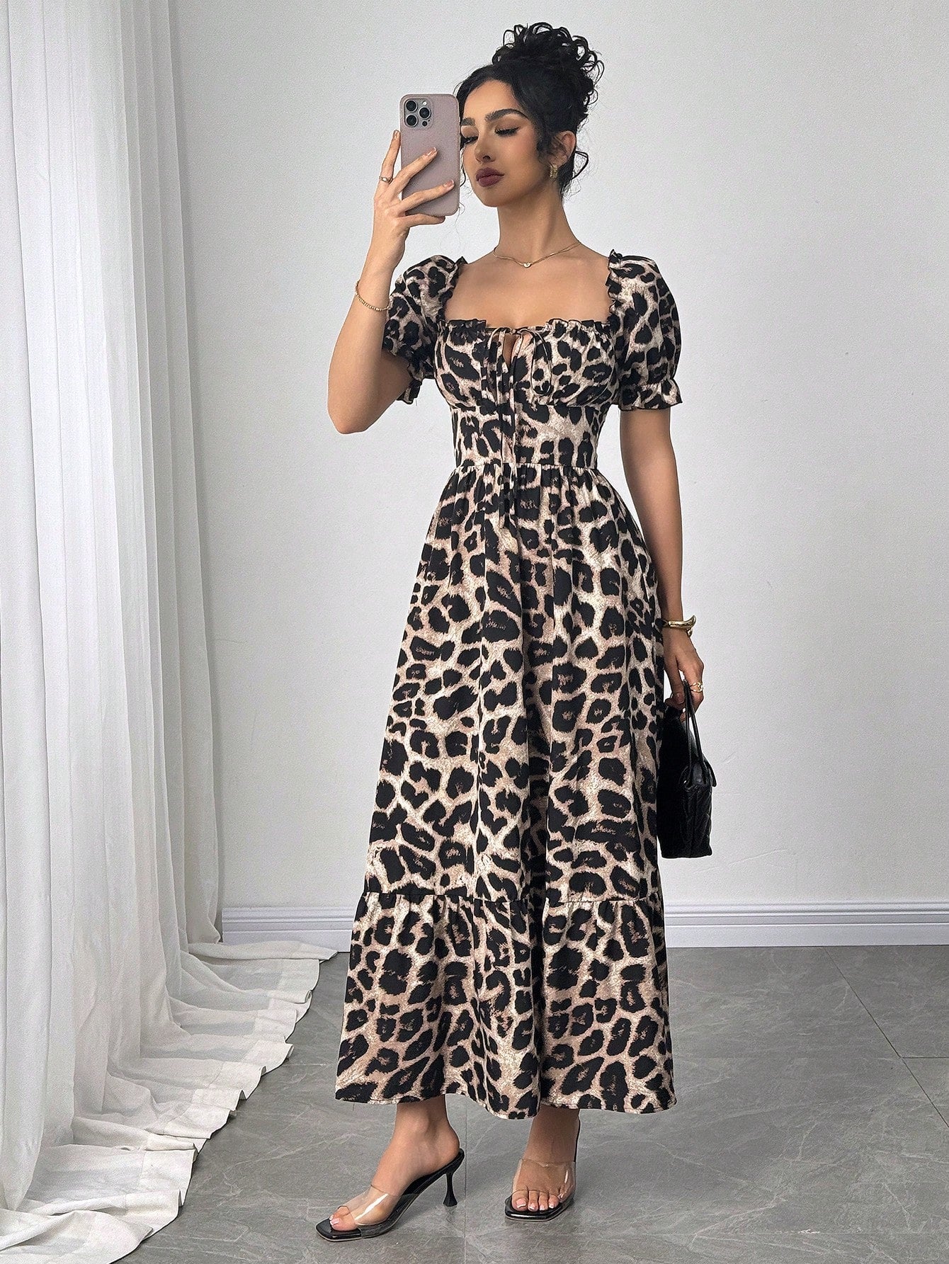 Breezaya Women's Square Neck Bowknot Leopard Print Cross Back Lace-Up Long Dress