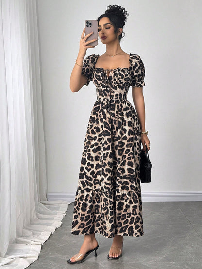 Breezaya Women's Square Neck Bowknot Leopard Print Cross Back Lace-Up Long Dress