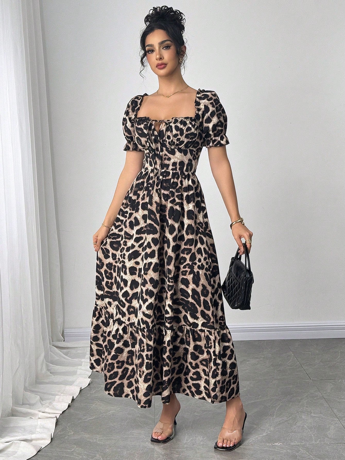 Breezaya Women's Square Neck Bowknot Leopard Print Cross Back Lace-Up Long Dress