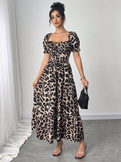 Breezaya Women's Square Neck Bowknot Leopard Print Cross Back Lace-Up Long Dress