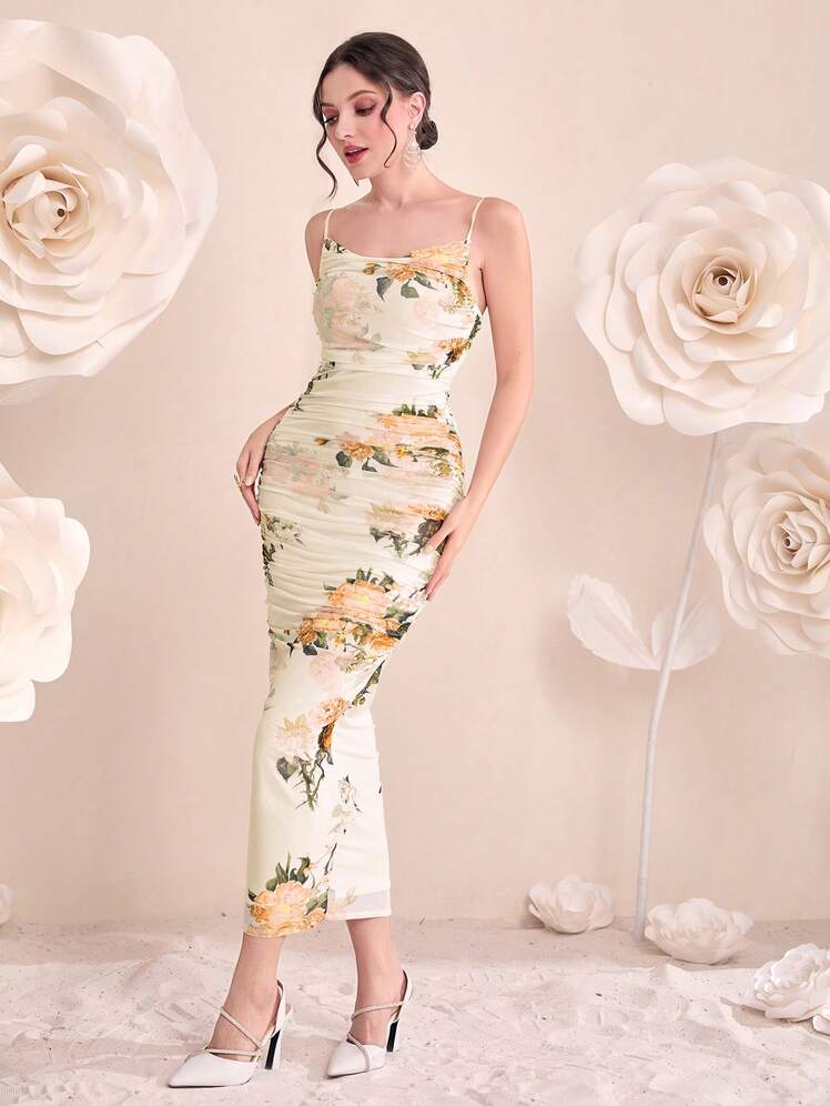 Modelyn Floral Print Cami Bodycon Dress & Open Front Coat Two Pieces 2 Pieces Set