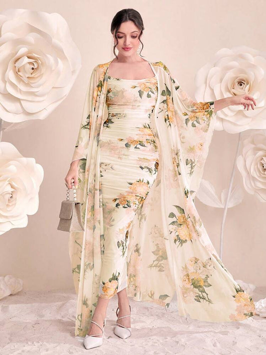 Modelyn Floral Print Cami Bodycon Dress & Open Front Coat Two Pieces 2 Pieces Set
