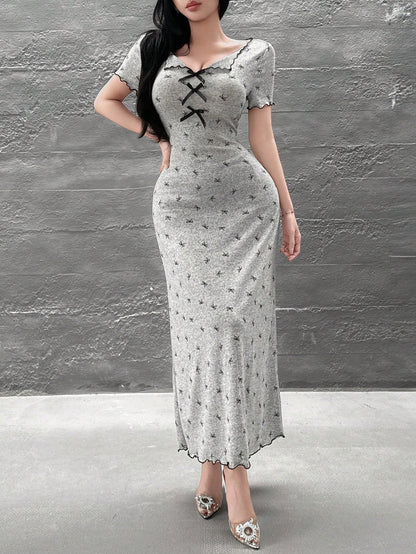 Feyla Bowknot Print V-Neck Bow Decor High Waist Maxi Bodycon Dress