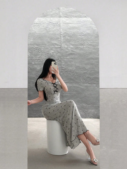 Feyla Bowknot Print V-Neck Bow Decor High Waist Maxi Bodycon Dress