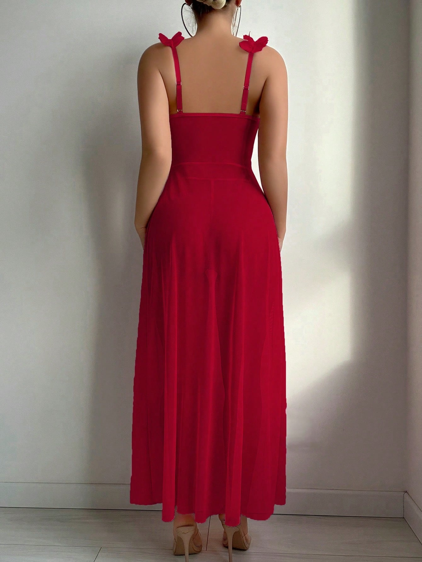 2pcs Set: Sexy & Mesh Floral Wedding Long Nightgown With Front Hook Closure & High Slit + G-String Erotic Lingerie Dress