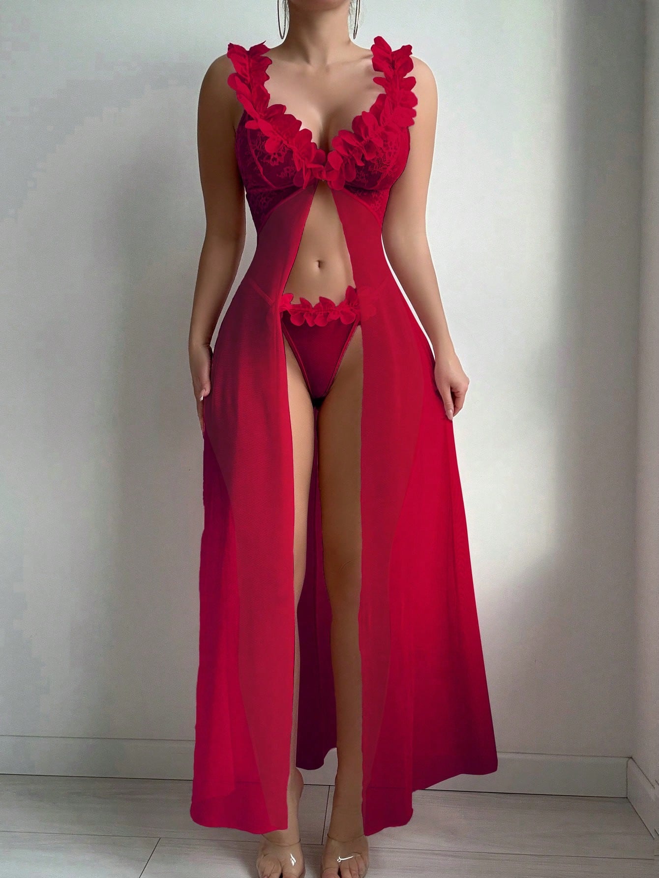 2pcs Set: Sexy & Mesh Floral Wedding Long Nightgown With Front Hook Closure & High Slit + G-String Erotic Lingerie Dress