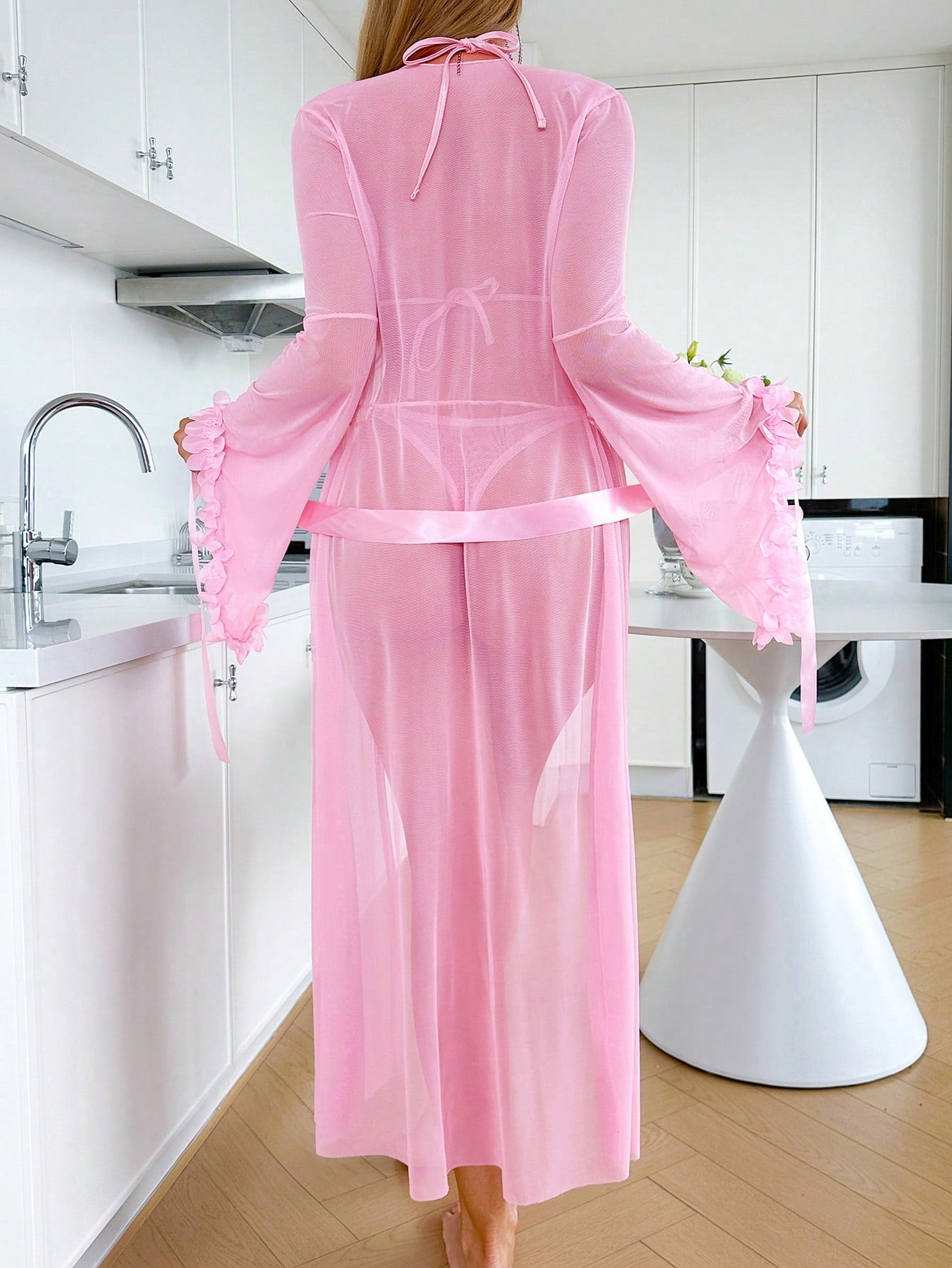Sexy Sheer Pullover Top + Thong Panties + Wide Sleeve Robe + Belt