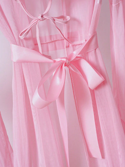 Sexy Sheer Pullover Top + Thong Panties + Wide Sleeve Robe + Belt