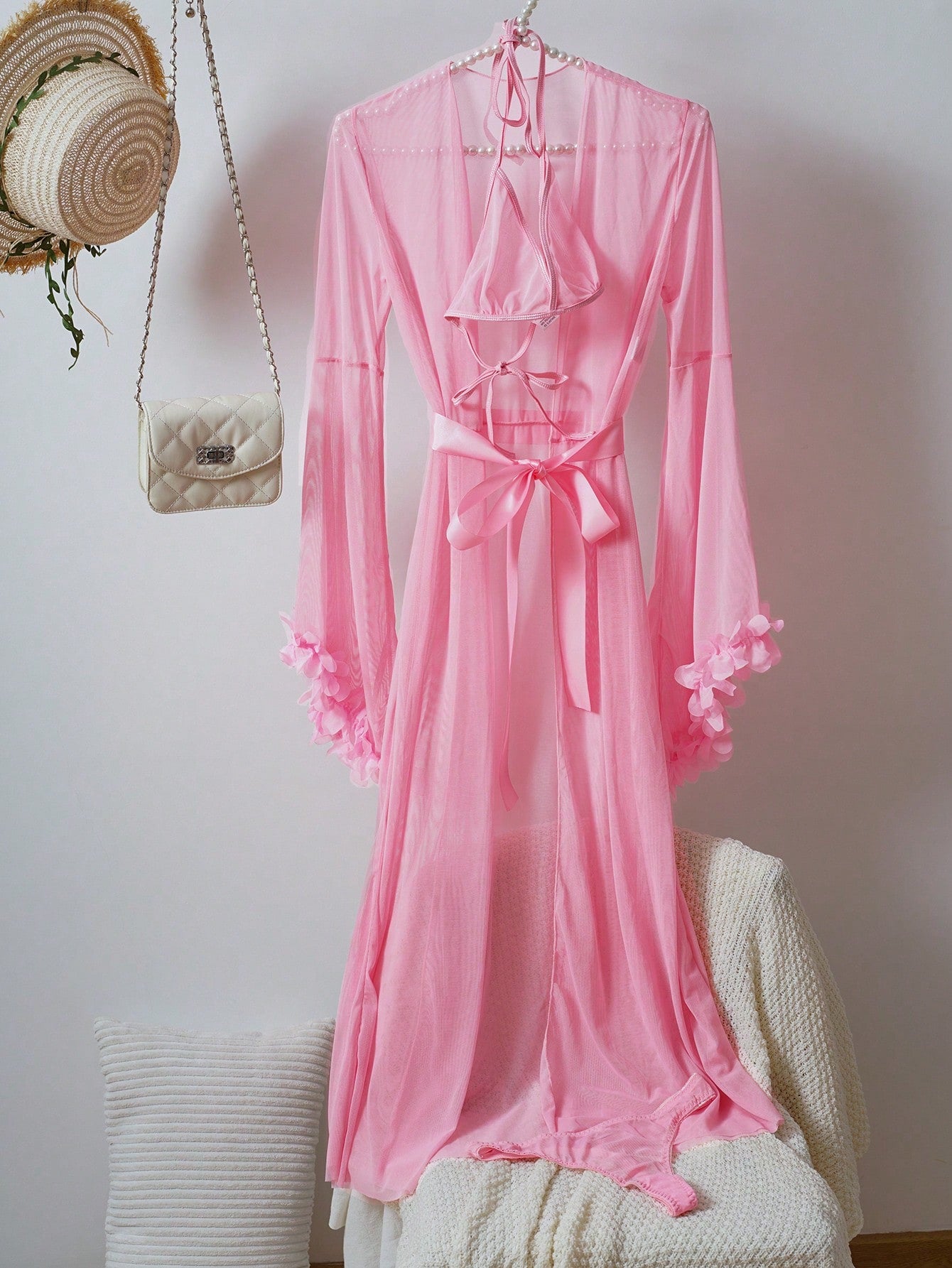 Sexy Sheer Pullover Top + Thong Panties + Wide Sleeve Robe + Belt