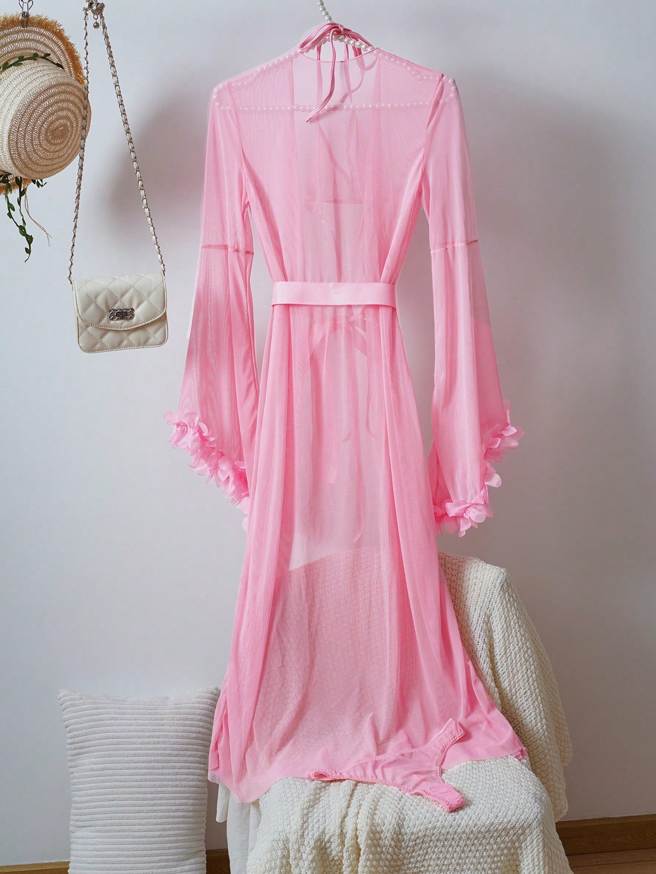 Sexy Sheer Pullover Top + Thong Panties + Wide Sleeve Robe + Belt