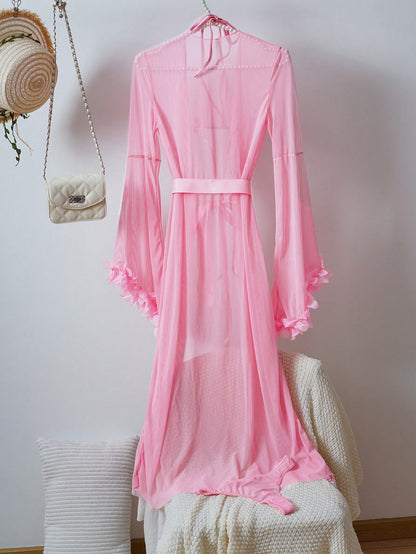 Sexy Sheer Pullover Top + Thong Panties + Wide Sleeve Robe + Belt