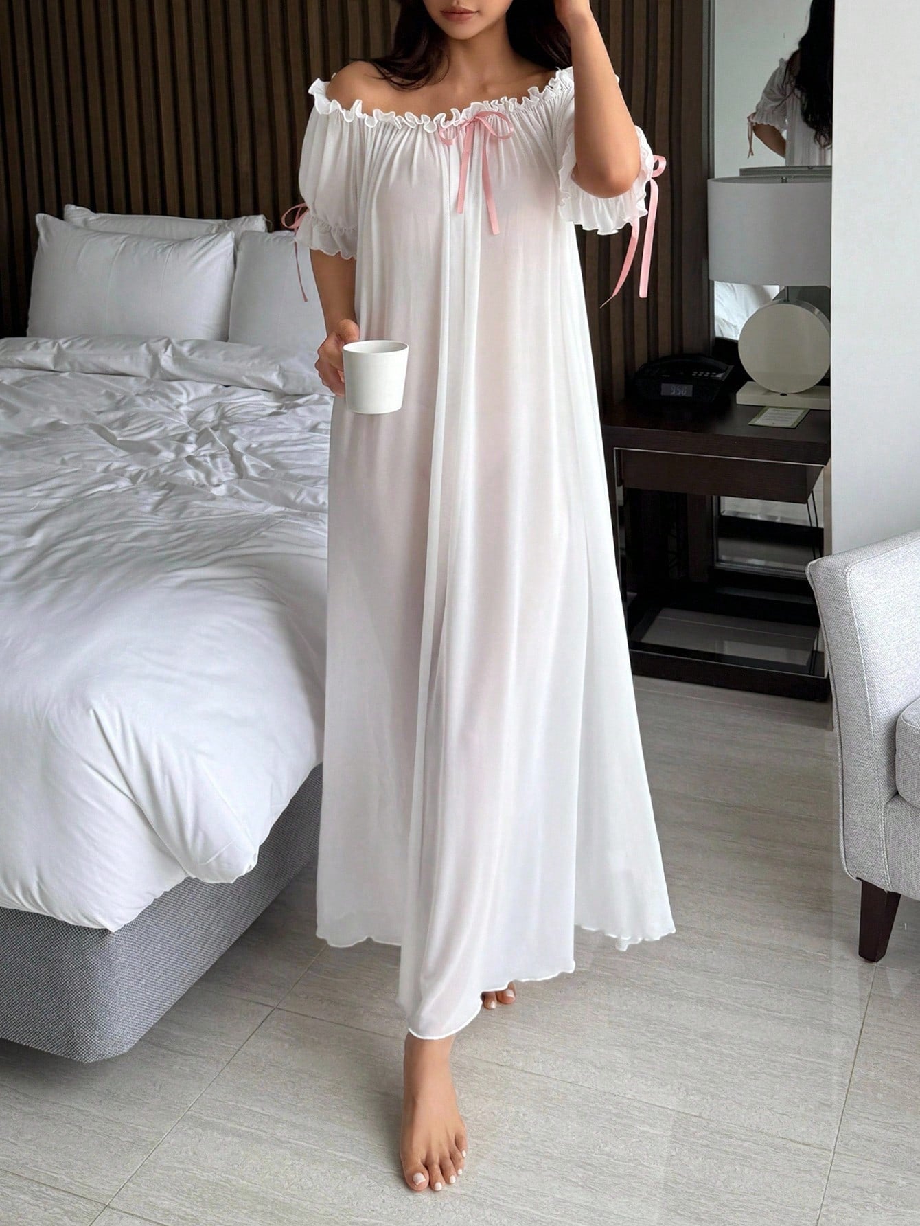 Charming Sheer Mesh Off Shoulder Ruffle Hem Long Women's Sexy Nightgown
