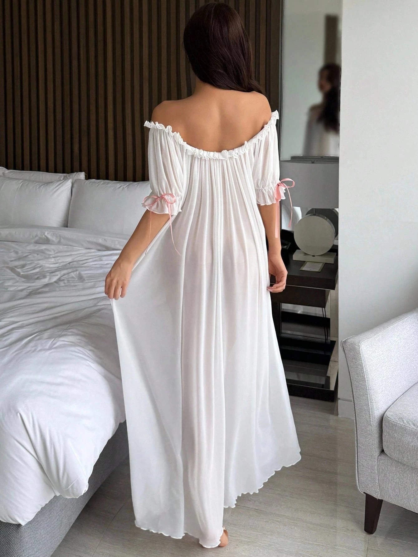 Charming Sheer Mesh Off Shoulder Ruffle Hem Long Women's Sexy Nightgown