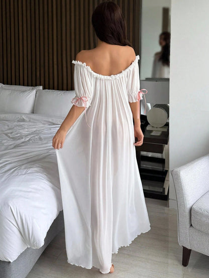Charming Sheer Mesh Off Shoulder Ruffle Hem Long Women's Sexy Nightgown