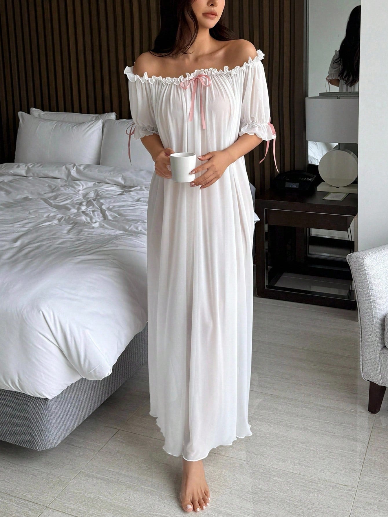 Charming Sheer Mesh Off Shoulder Ruffle Hem Long Women's Sexy Nightgown