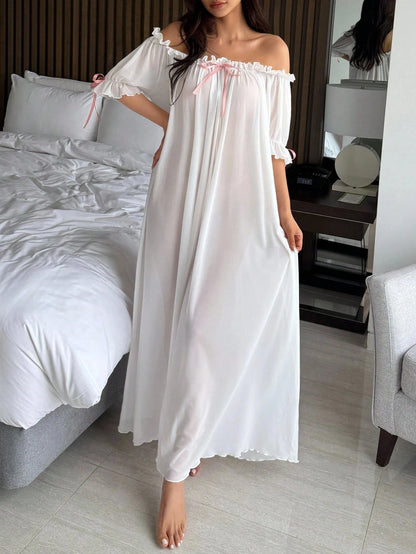 Charming Sheer Mesh Off Shoulder Ruffle Hem Long Women's Sexy Nightgown