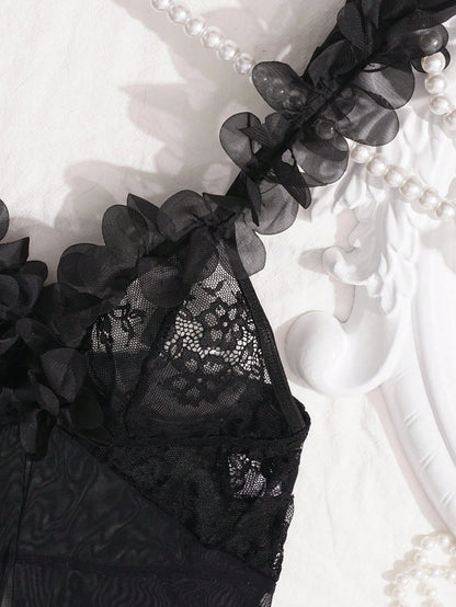 2pcs Set: Sexy & Mesh Floral Wedding Long Nightgown With Front Hook Closure & High Slit + G-String Erotic Lingerie Dress