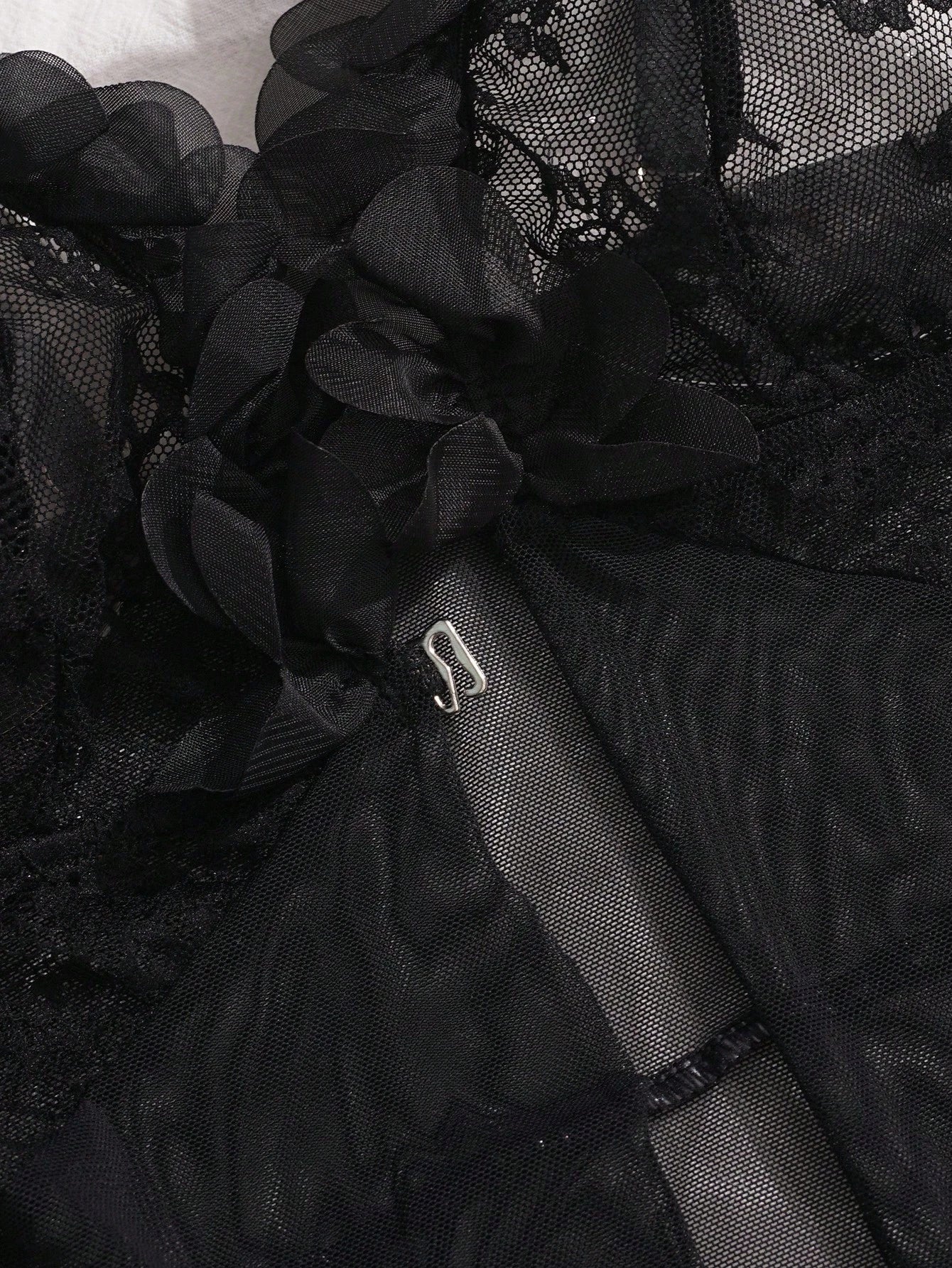 2pcs Set: Sexy & Mesh Floral Wedding Long Nightgown With Front Hook Closure & High Slit + G-String Erotic Lingerie Dress