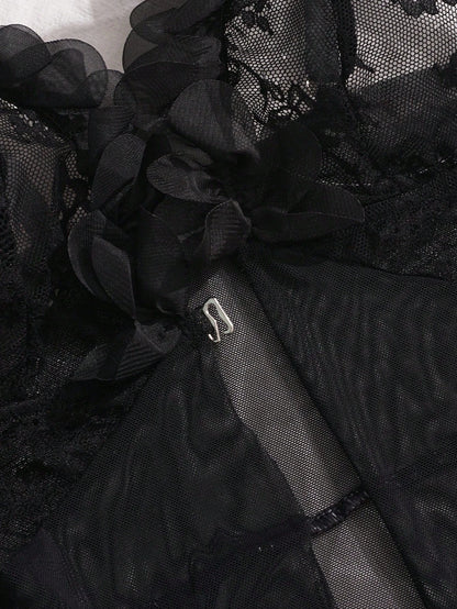 2pcs Set: Sexy & Mesh Floral Wedding Long Nightgown With Front Hook Closure & High Slit + G-String Erotic Lingerie Dress