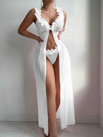 2pcs Set: Sexy & Mesh Floral Wedding Long Nightgown With Front Hook Closure & High Slit + G-String Erotic Lingerie Dress