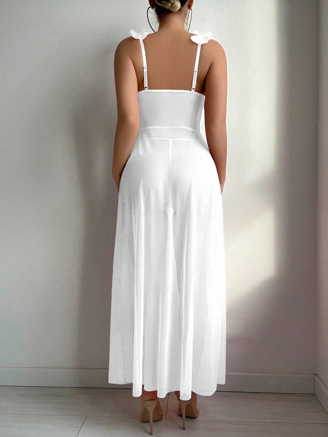 2pcs Set: Sexy & Mesh Floral Wedding Long Nightgown With Front Hook Closure & High Slit + G-String Erotic Lingerie Dress