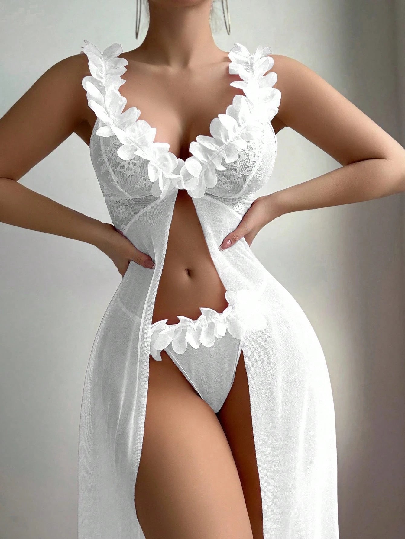2pcs Set: Sexy & Mesh Floral Wedding Long Nightgown With Front Hook Closure & High Slit + G-String Erotic Lingerie Dress