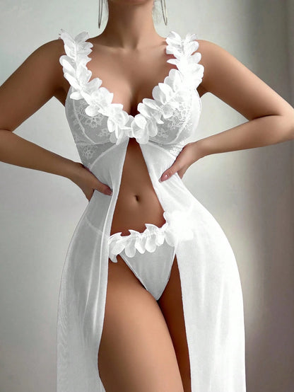2pcs Set: Sexy & Mesh Floral Wedding Long Nightgown With Front Hook Closure & High Slit + G-String Erotic Lingerie Dress