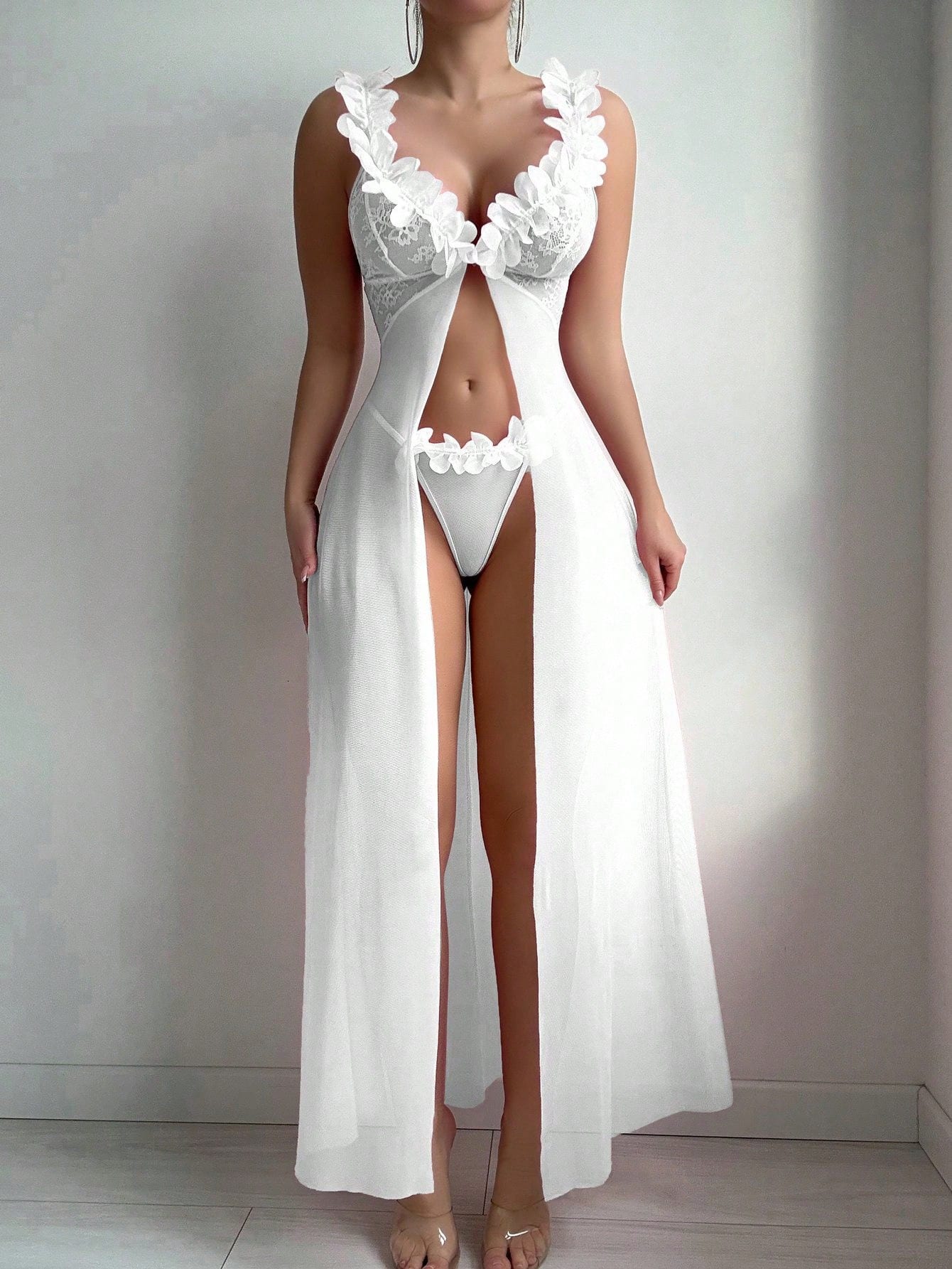 2pcs Set: Sexy & Mesh Floral Wedding Long Nightgown With Front Hook Closure & High Slit + G-String Erotic Lingerie Dress