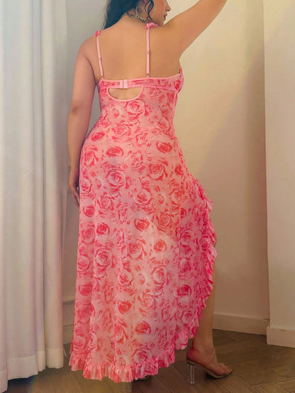 Elegant Long Mesh Babydoll With Pink Floral Pattern And Flowy Design