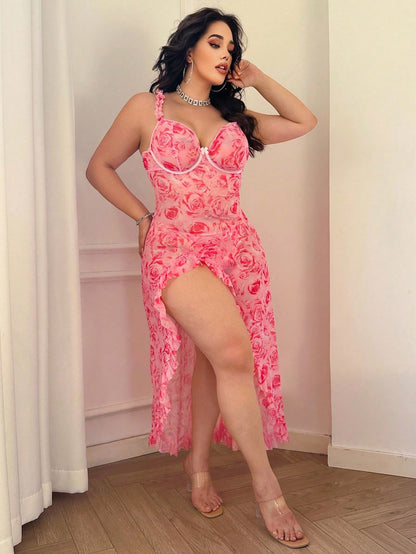 Elegant Long Mesh Babydoll With Pink Floral Pattern And Flowy Design