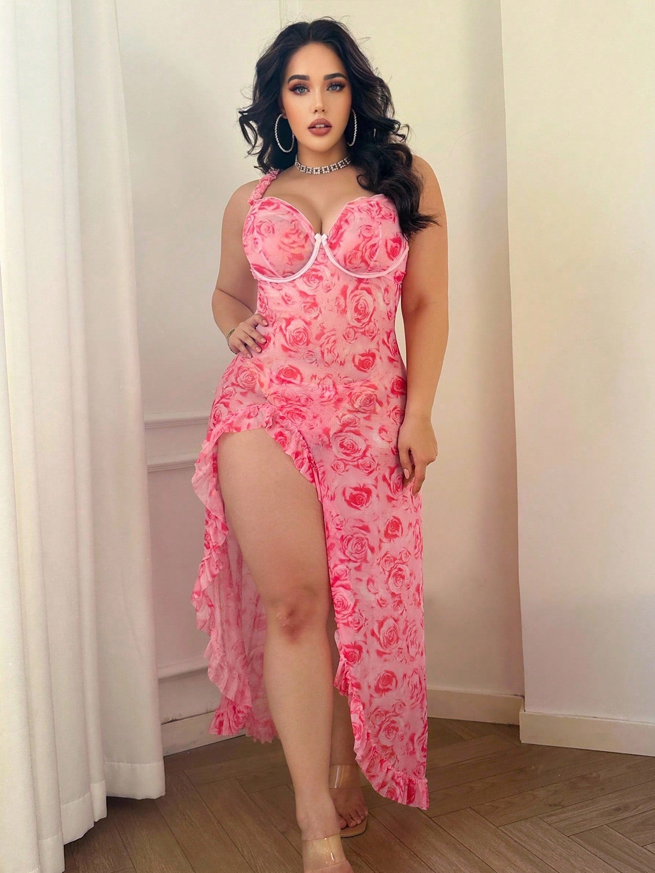 Elegant Long Mesh Babydoll With Pink Floral Pattern And Flowy Design