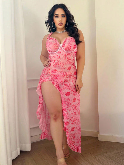 Elegant Long Mesh Babydoll With Pink Floral Pattern And Flowy Design