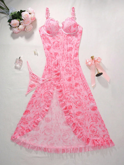 Elegant Long Mesh Babydoll With Pink Floral Pattern And Flowy Design