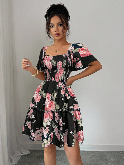 Elenzga Women Floral Print Sashes Ruffle Hem Short Sleeve Casual Dress, Vacation Style