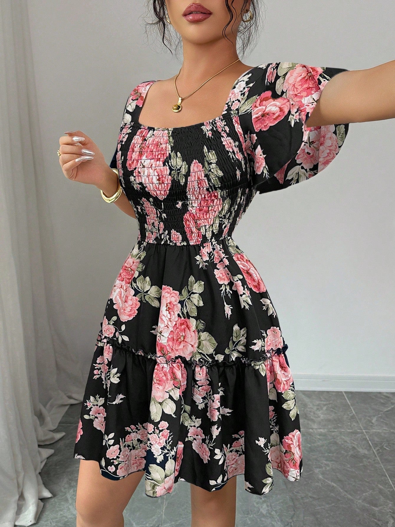 Elenzga Women Floral Print Sashes Ruffle Hem Short Sleeve Casual Dress, Vacation Style