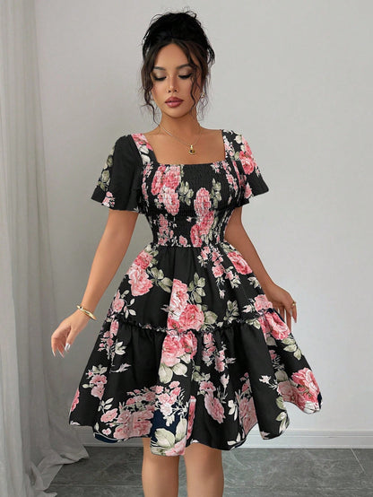 Elenzga Women Floral Print Sashes Ruffle Hem Short Sleeve Casual Dress, Vacation Style